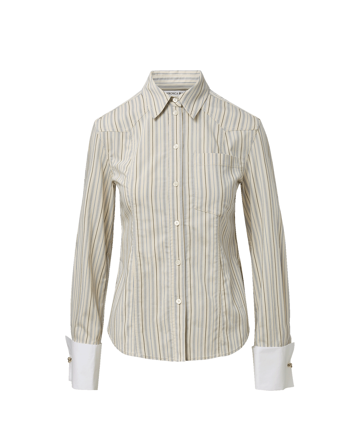 Veronica Beard | Rourke Button-Down Striped Shirt in Ecru & Blue Ecru Multi