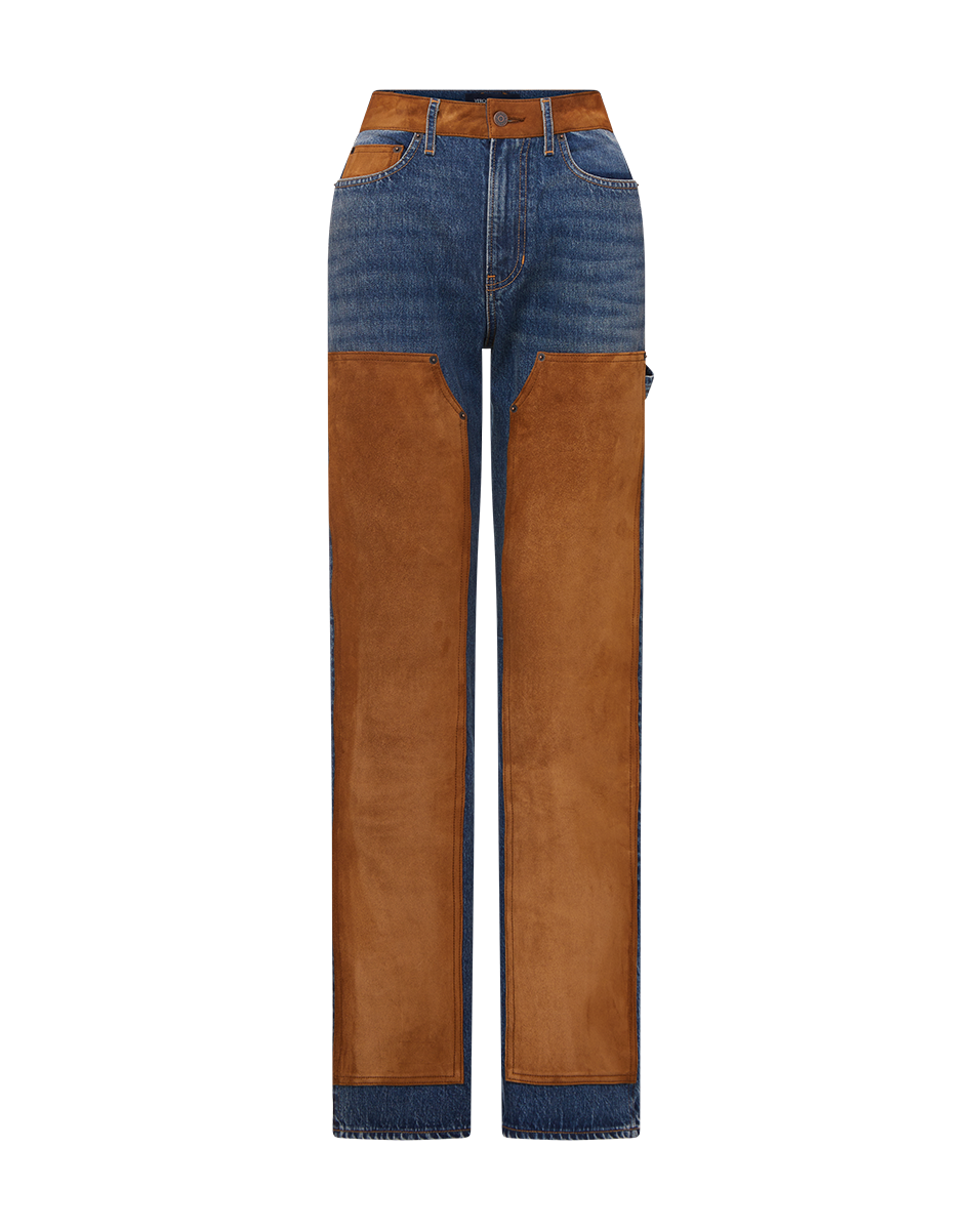 Veronica Beard | Dylan Suede Patchwork Straight-Leg Jeans in Blue Equinox Blue