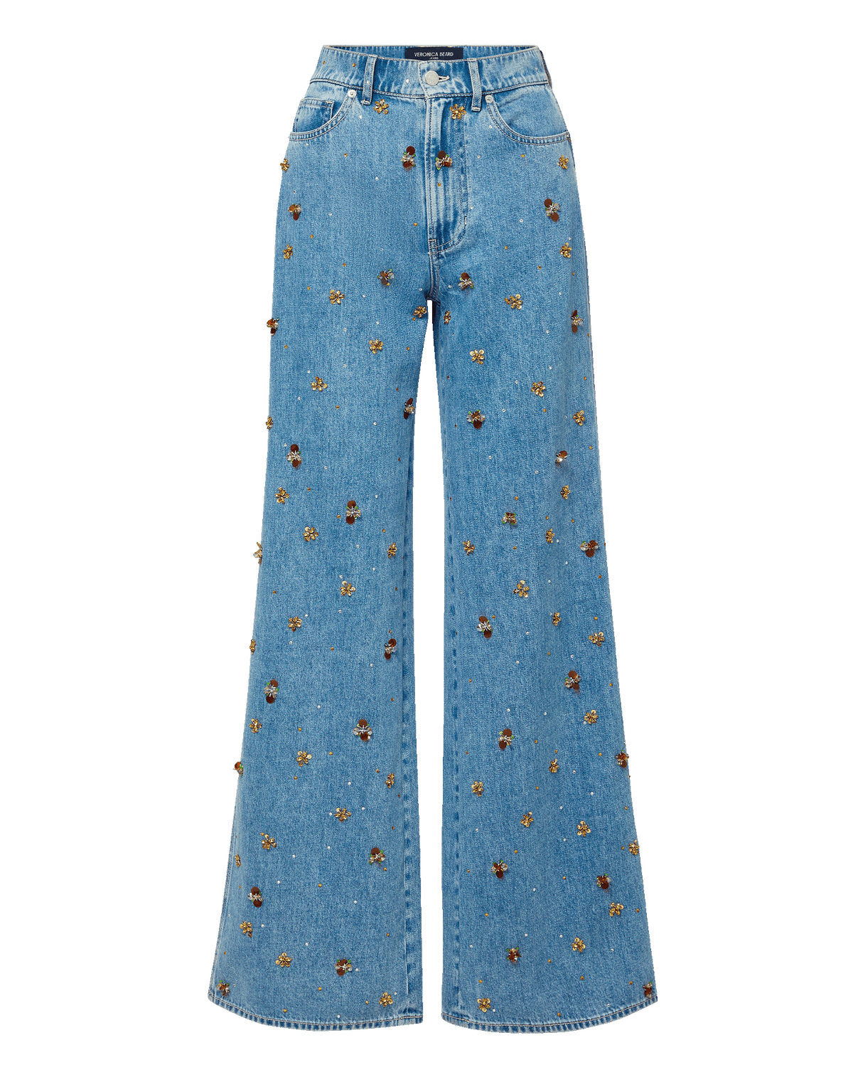 Veronica Beard | Kasey Embellished Wide-Leg Jean in Light Wash Denim Silver Dust Silver Dust