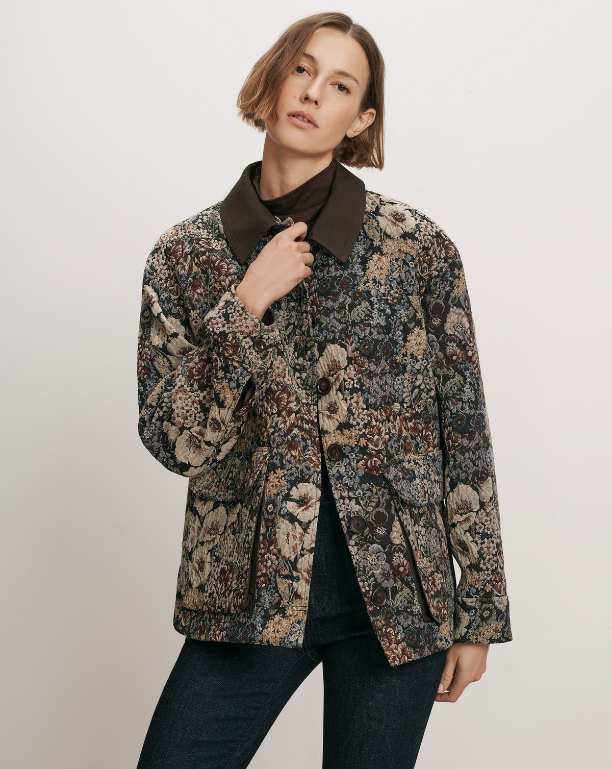 Veronica Beard | Blake Brocade Coat in Floral Tapestry Print Dark Eggplant Multi Dark Eggplant Multi
