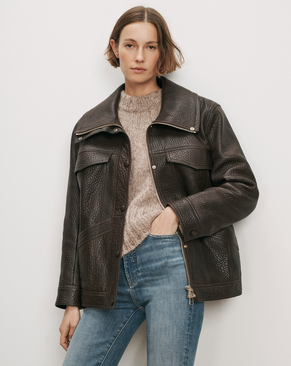 Veronica Beard | Silversmith Leather Funnel Neck Jacket in Dark Brown Espresso
