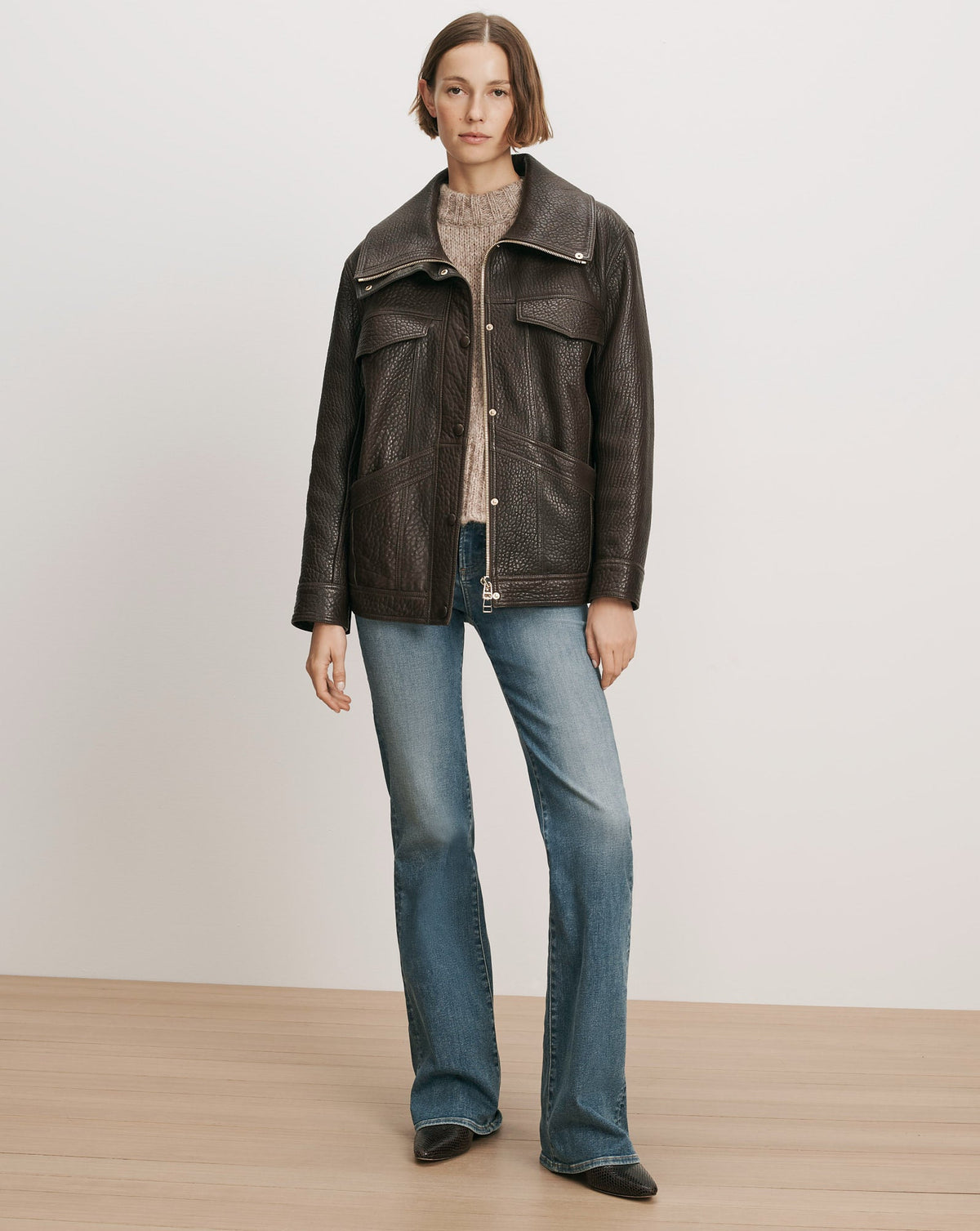 Veronica Beard | Silversmith Leather Funnel Neck Jacket in Dark Brown Espresso
