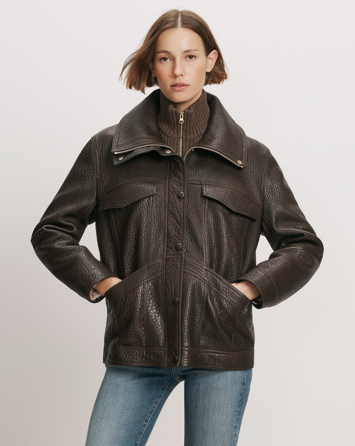 Veronica Beard | Silversmith Leather Funnel Neck Jacket in Dark Brown Espresso