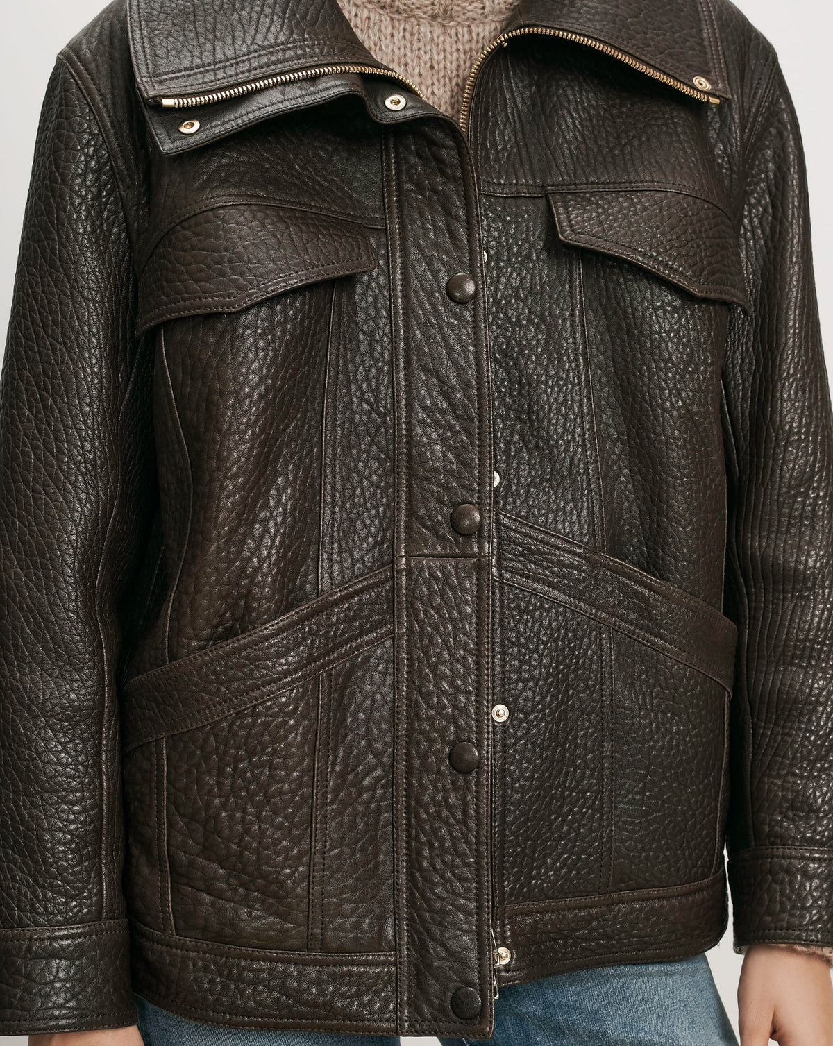 Veronica Beard | Silversmith Leather Funnel Neck Jacket in Dark Brown Espresso