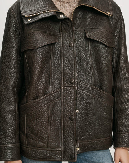 Veronica Beard | Silversmith Leather Funnel Neck Jacket in Dark Brown Espresso