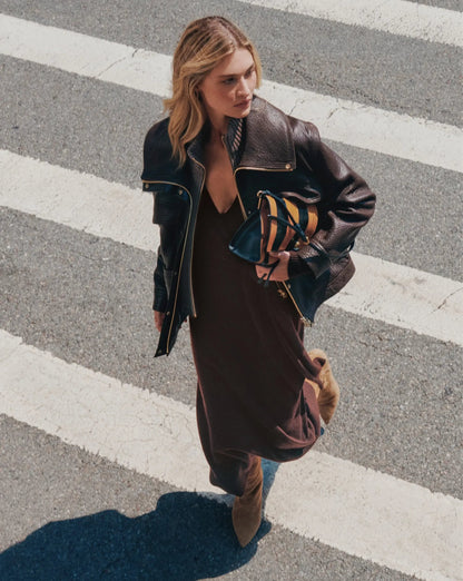 Veronica Beard | Silversmith Leather Funnel Neck Jacket in Dark Brown Espresso