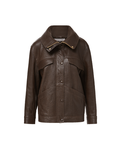 Veronica Beard | Silversmith Leather Funnel Neck Jacket in Dark Brown Espresso