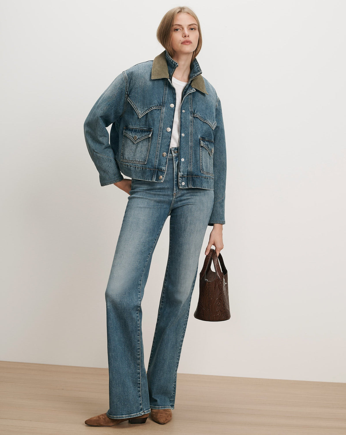 Veronica Beard | Wegner Denim Jacket with Green Cord Collar Memory Lane