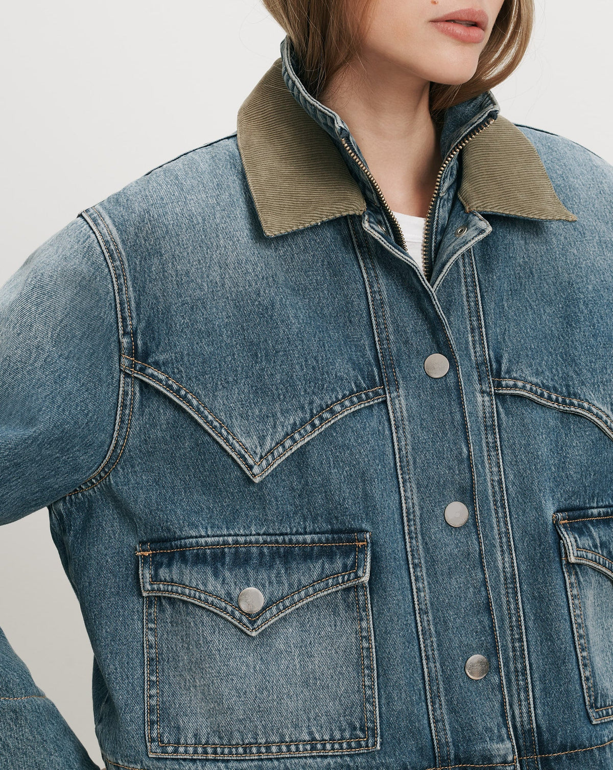Veronica Beard | Wegner Denim Jacket with Green Cord Collar Memory Lane