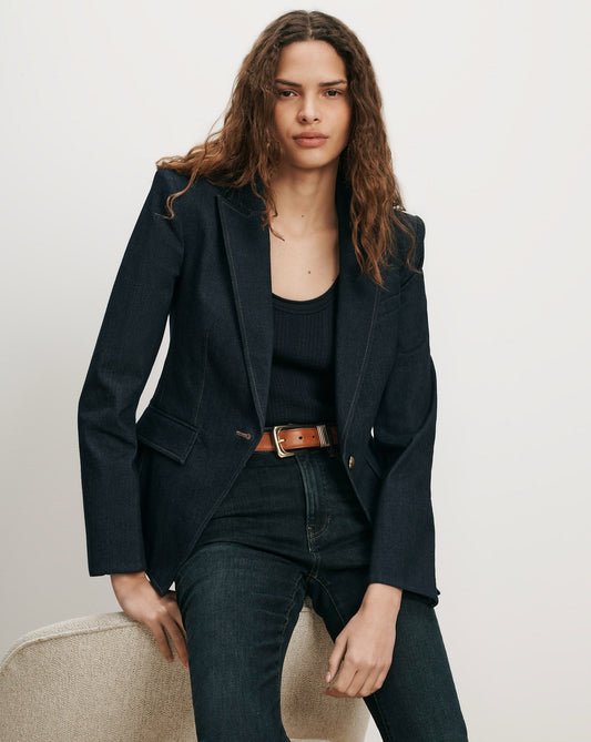Veronica Beard | Miller Denim Single-Breasted Dickey Jacket in Dark Blue Midnight Wash Midnight Wash