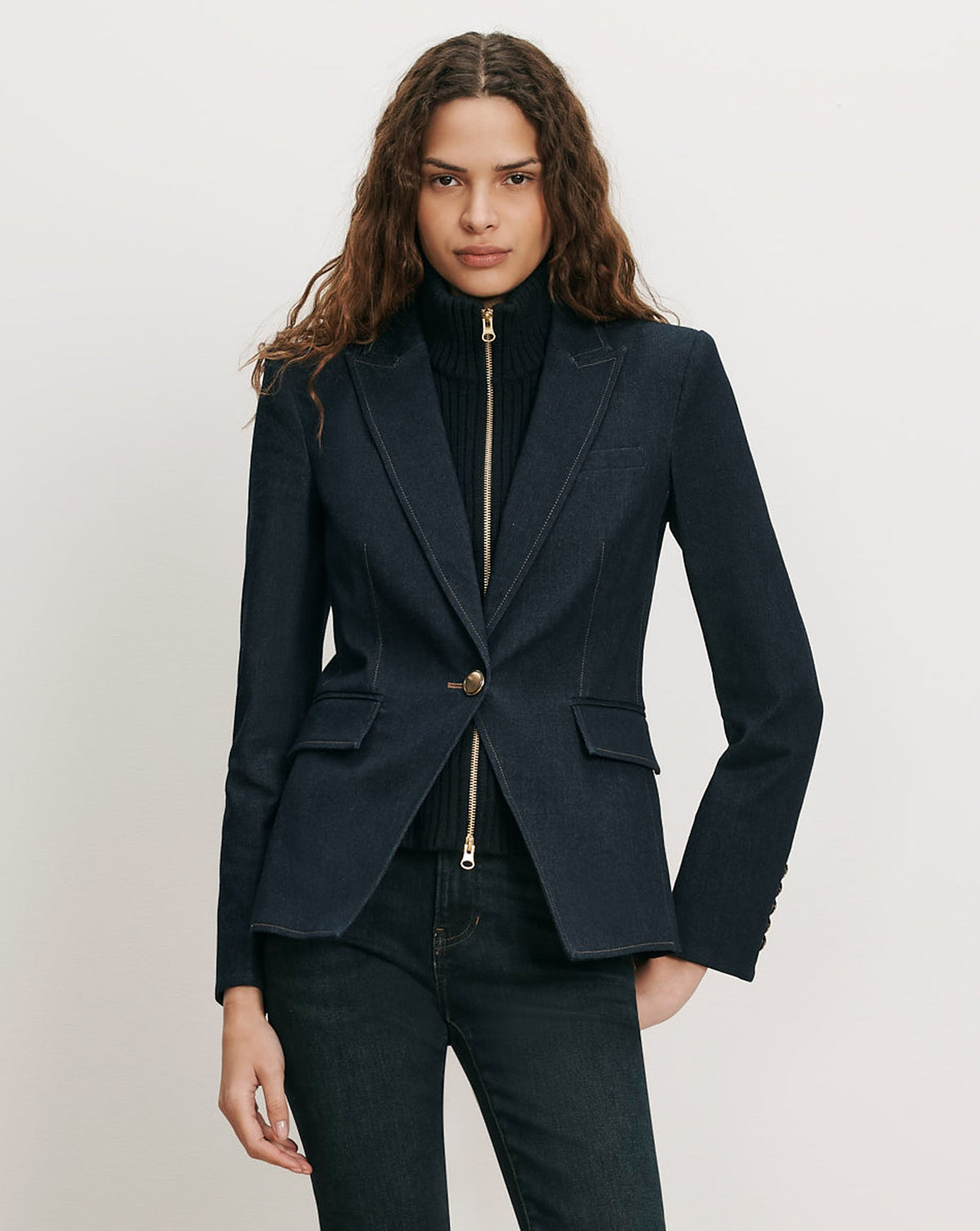 Veronica Beard | Miller Denim Single-Breasted Dickey Jacket in Dark Blue Midnight Wash Midnight Wash