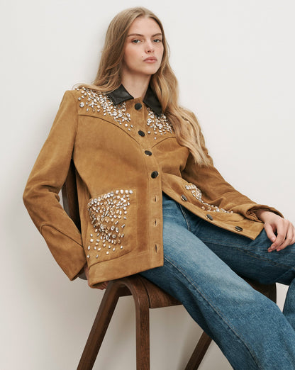 Veronica Beard | Shannon Suede Embellished Field Jacket in Acorn Tan Acorn