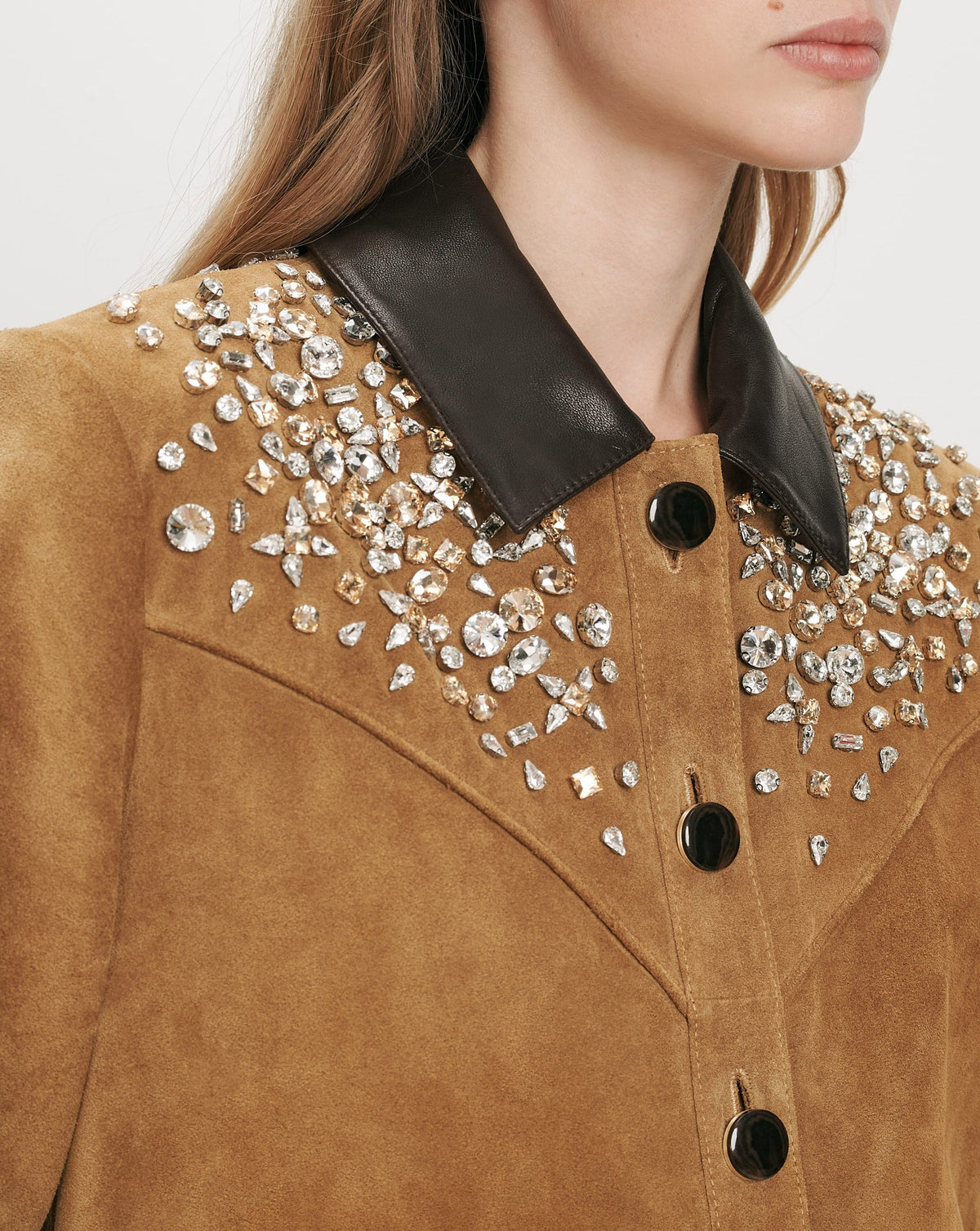 Veronica Beard | Shannon Suede Embellished Field Jacket in Acorn Tan Acorn
