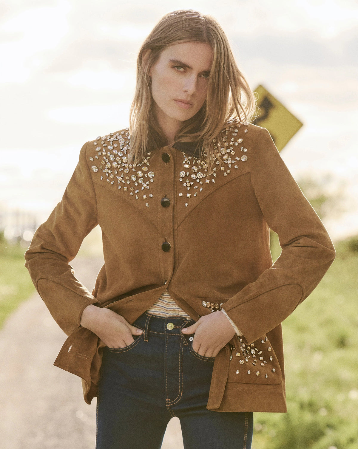 Veronica Beard | Shannon Suede Embellished Field Jacket in Acorn Tan Acorn