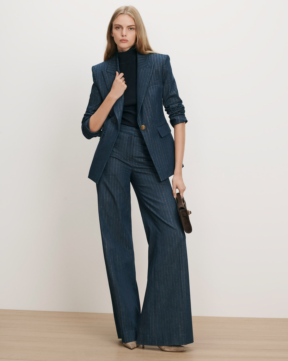 Veronica Beard | Naira Denim Dickey Jacket in Medium Indigo/Copper Pinstripe Medium Indigo/Copper