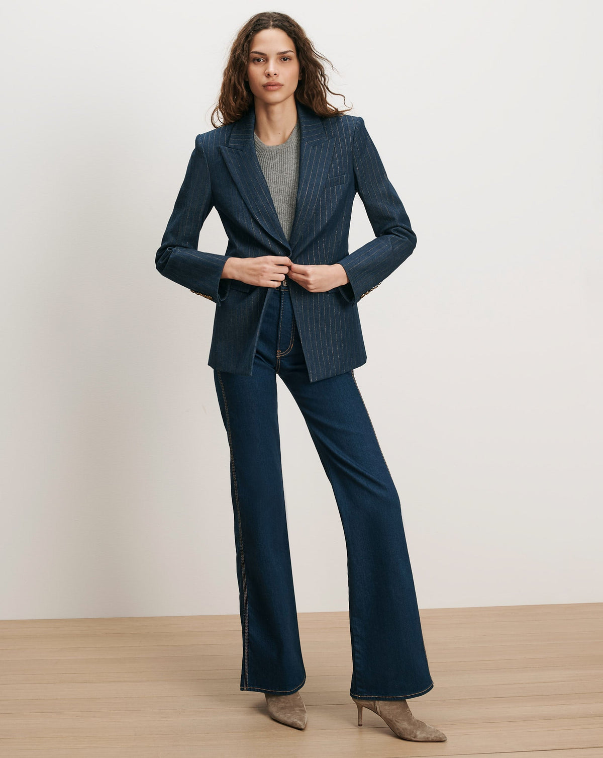 Veronica Beard | Naira Denim Dickey Jacket in Medium Indigo/Copper Pinstripe Medium Indigo/Copper