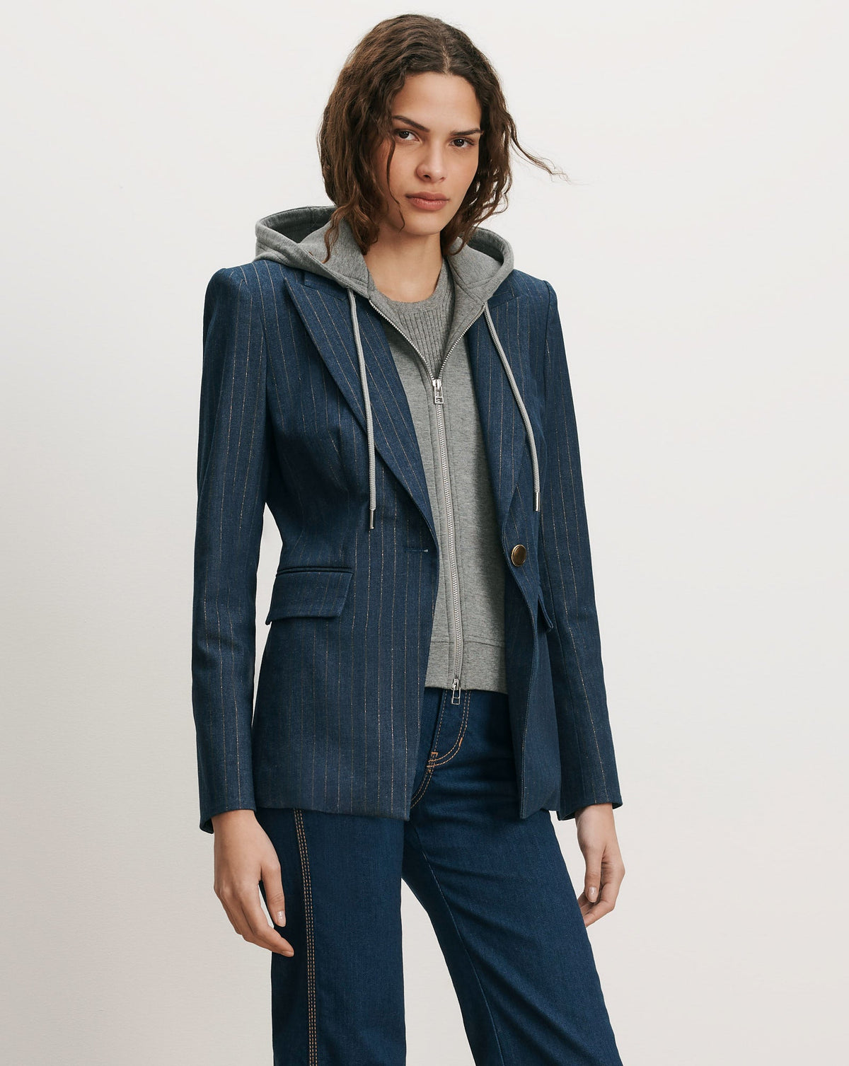 Veronica Beard | Naira Denim Dickey Jacket in Medium Indigo/Copper Pinstripe Medium Indigo/Copper
