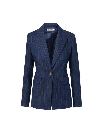 Veronica Beard | Naira Denim Dickey Jacket in Medium Indigo/Copper Pinstripe Medium Indigo/Copper