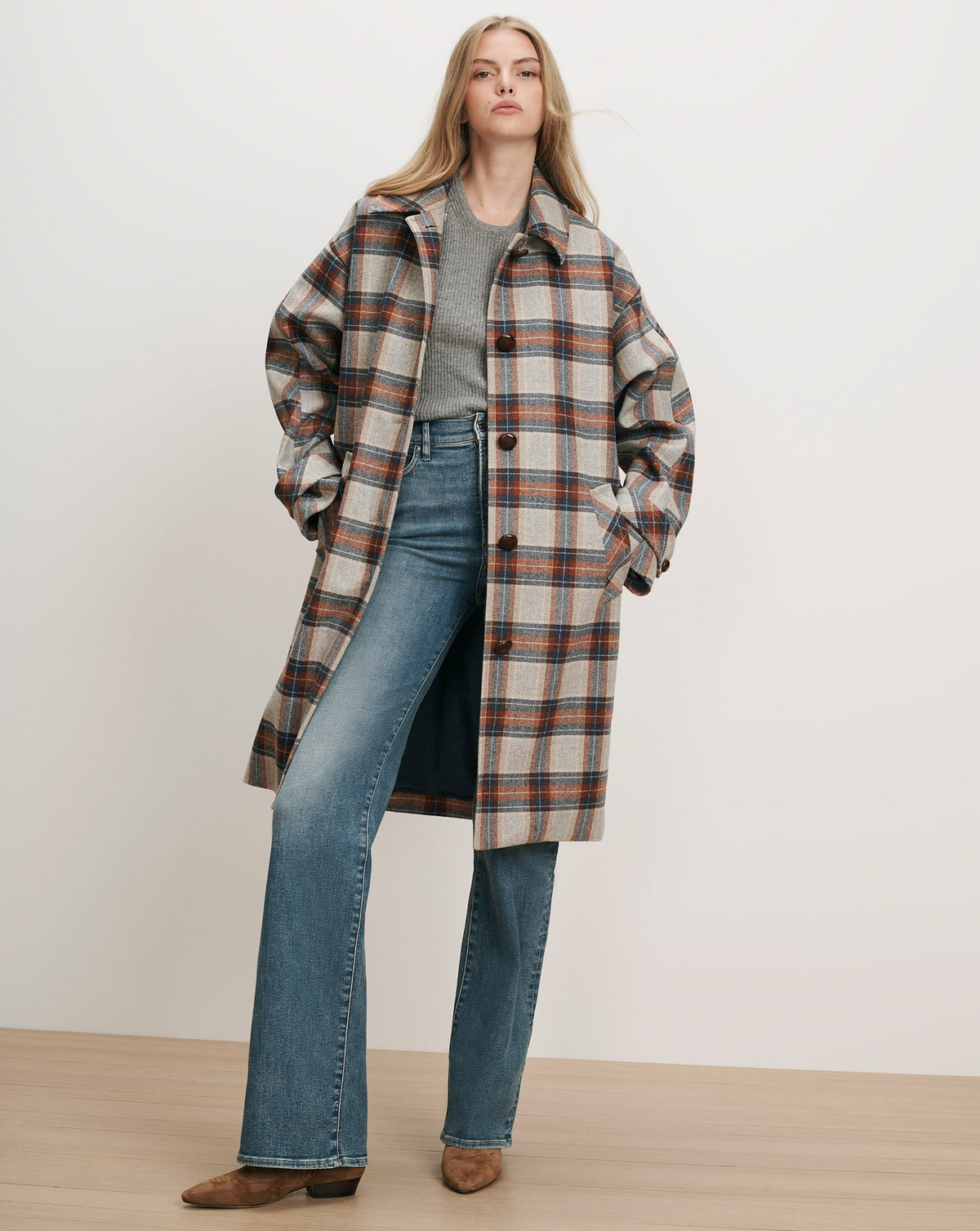 Veronica Beard | Laurent Removable-Collar Dickey Coat in Heather Grey & Red Plaid Multi Heather Grey Multi