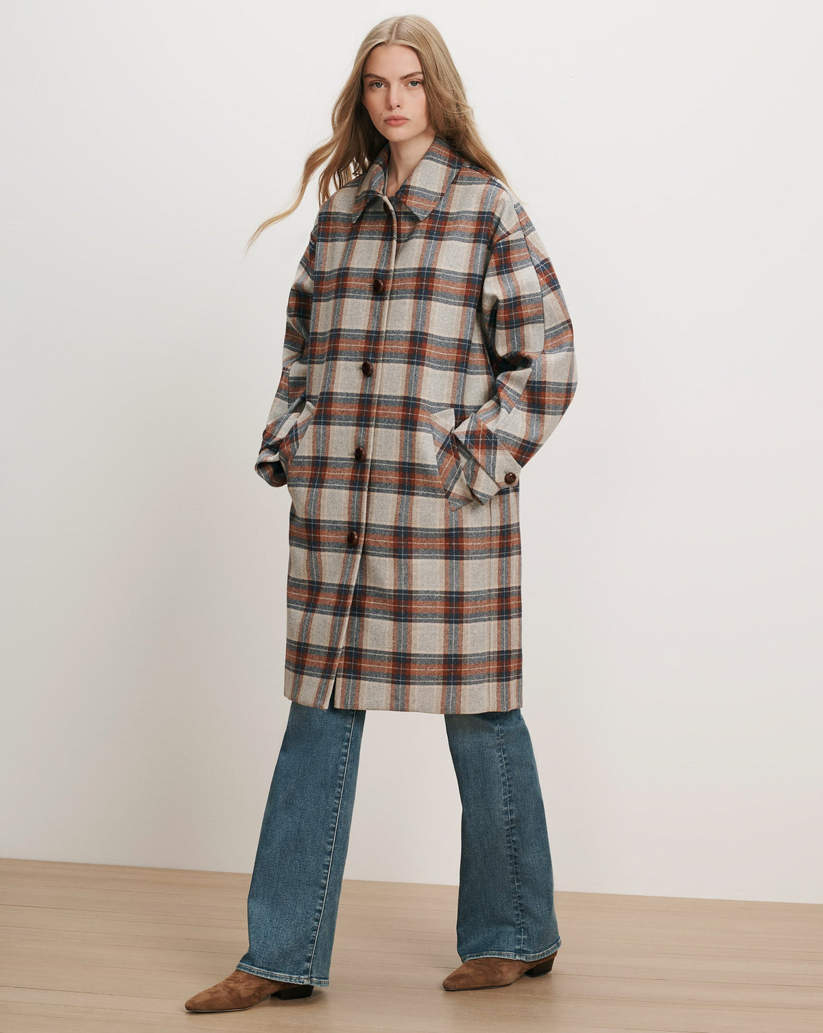 Veronica Beard | Laurent Removable-Collar Dickey Coat in Heather Grey & Red Plaid Multi Heather Grey Multi
