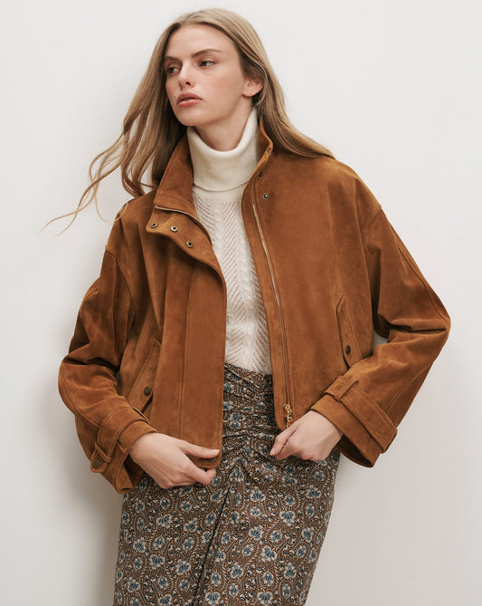 Veronica Beard | Bateman Suede Jacket in Tan Calfskin Acorn