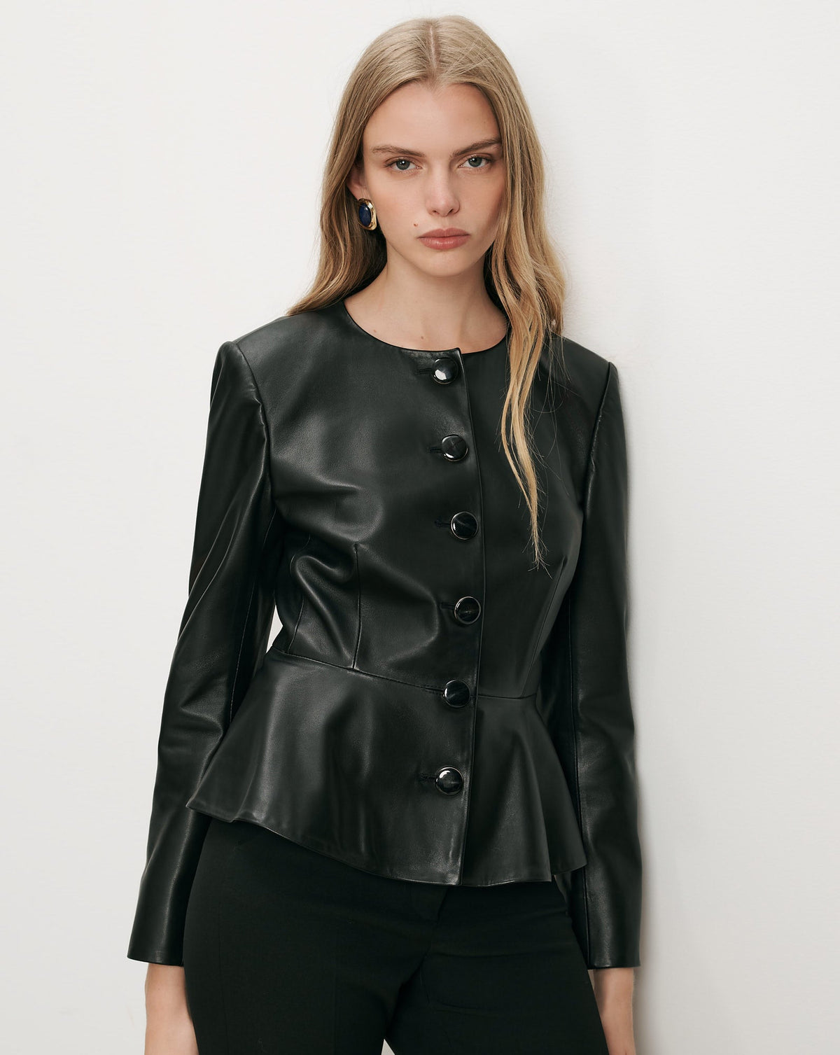 Veronica Beard | Quinn Leather Peplum Jacket in Black Black