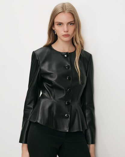 Veronica Beard | Quinn Leather Peplum Jacket in Black Black