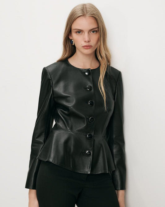Veronica Beard | Quinn Leather Peplum Jacket in Black Black