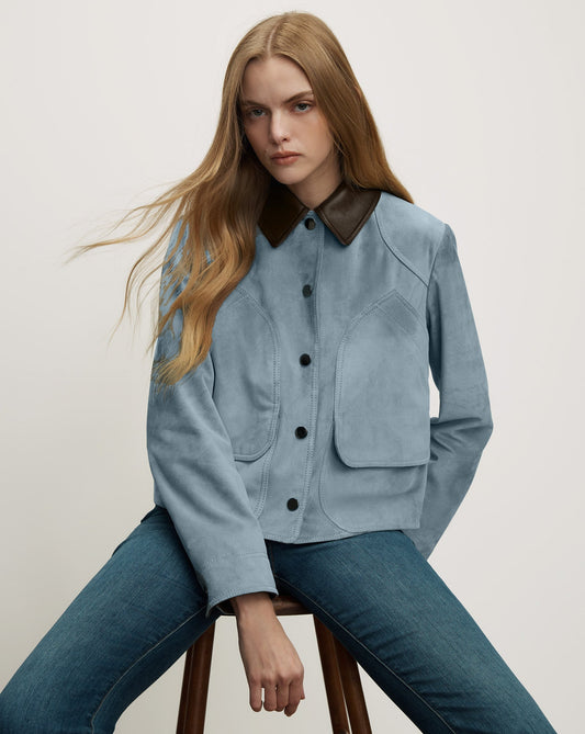 Veronica Beard | Walters Suede Cropped Jacket in Light Blue Steel Blue Steel