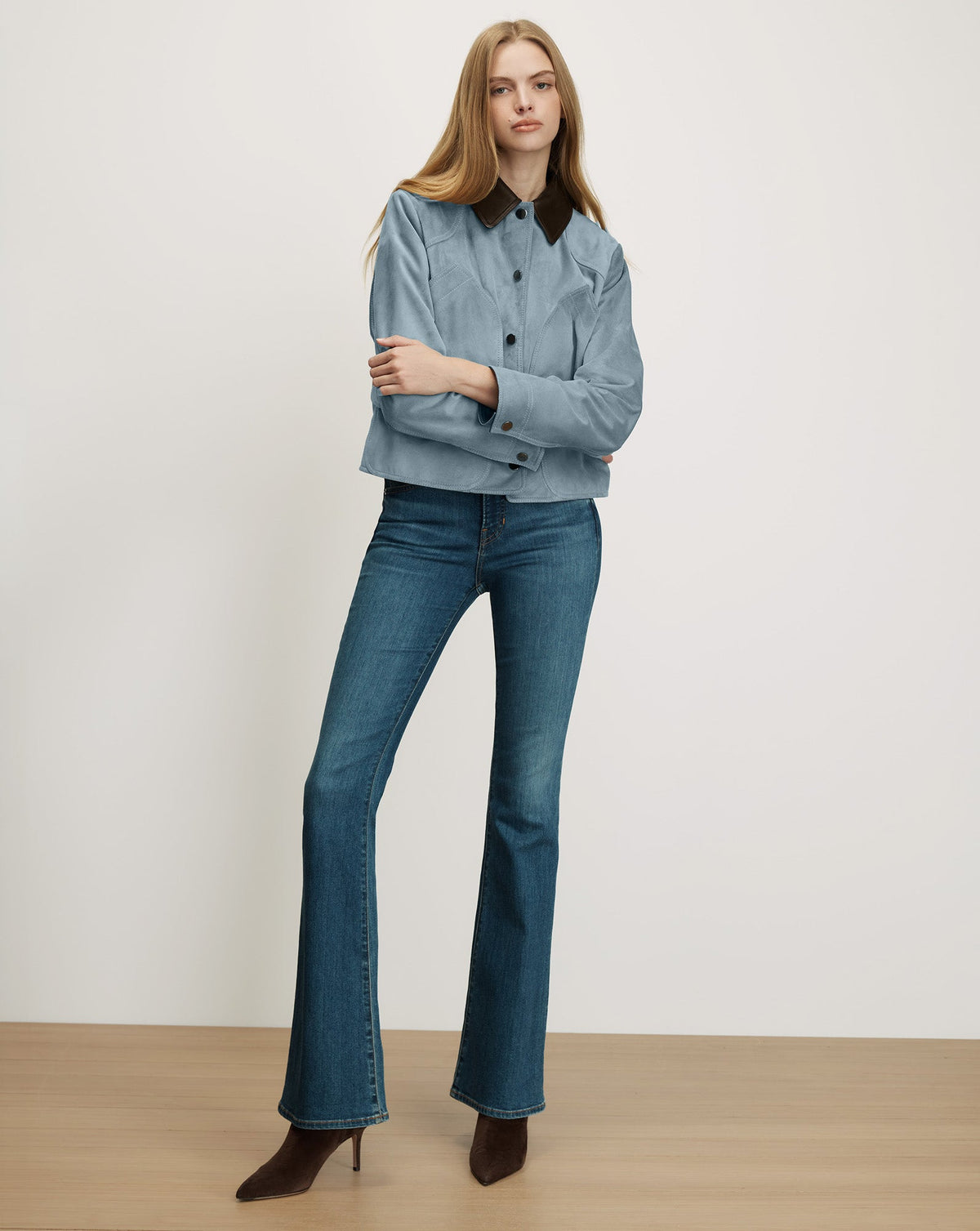 Veronica Beard | Walters Suede Cropped Jacket in Light Blue Steel Blue Steel