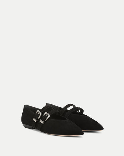 Veronica Beard | Bancroft Suede Double Strap Mary Jane Flat in Black Black