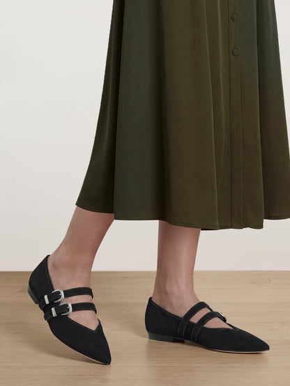 Veronica Beard | Bancroft Suede Double Strap Mary Jane Flat in Black Black