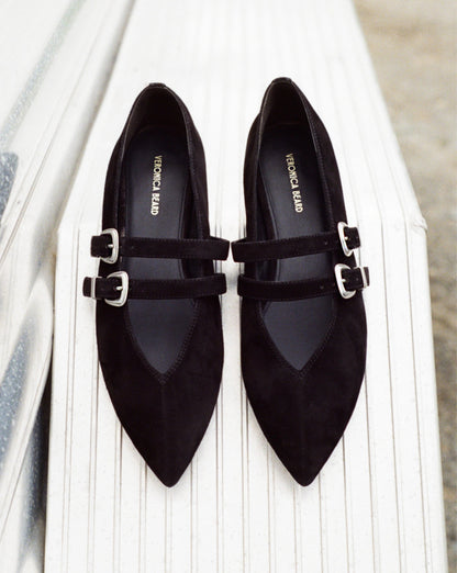 Veronica Beard | Bancroft Suede Double Strap Mary Jane Flat in Black Black