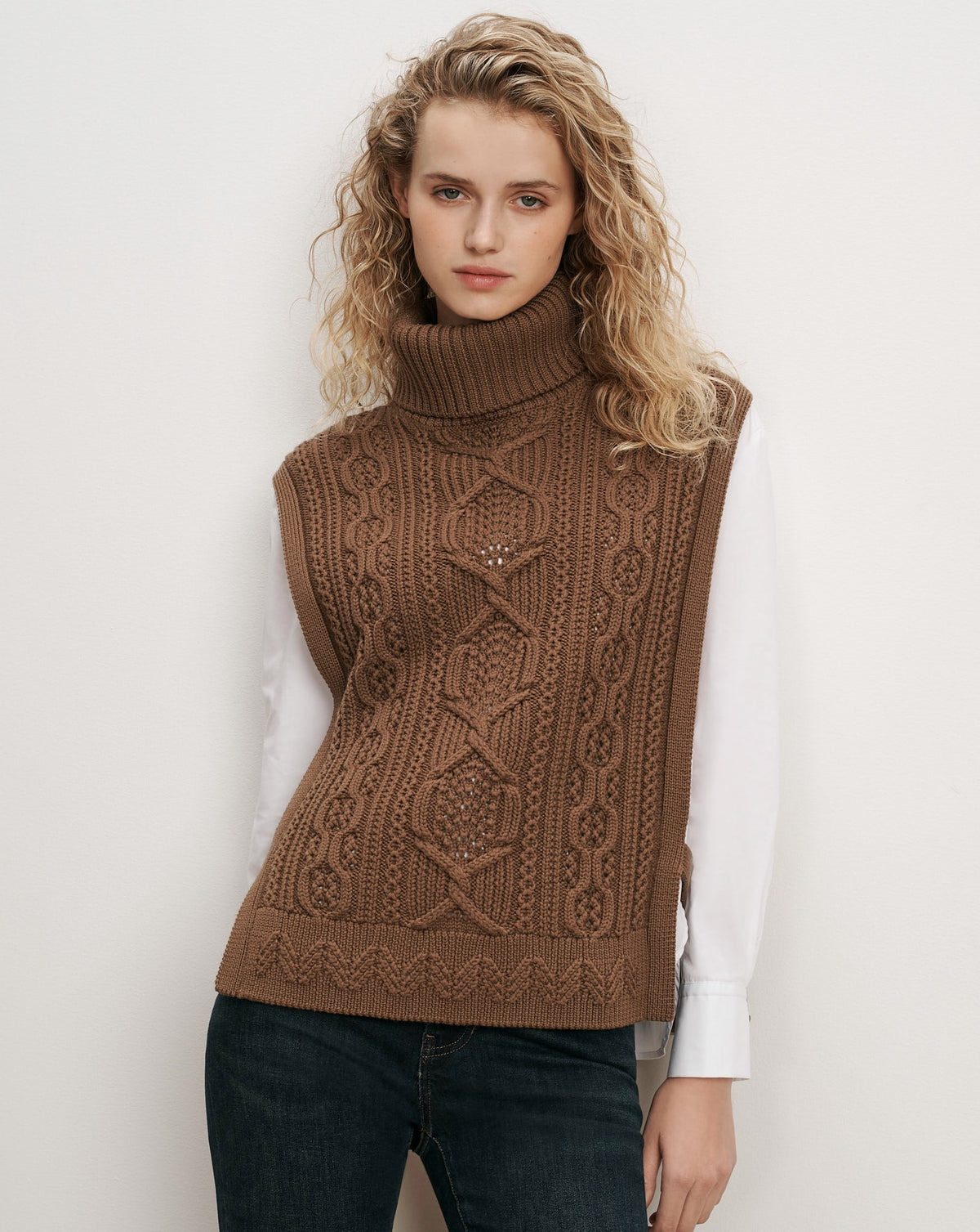 Veronica Beard | Bentleigh Merino Wool Cableknit Vest in Ochre Brown Ochre