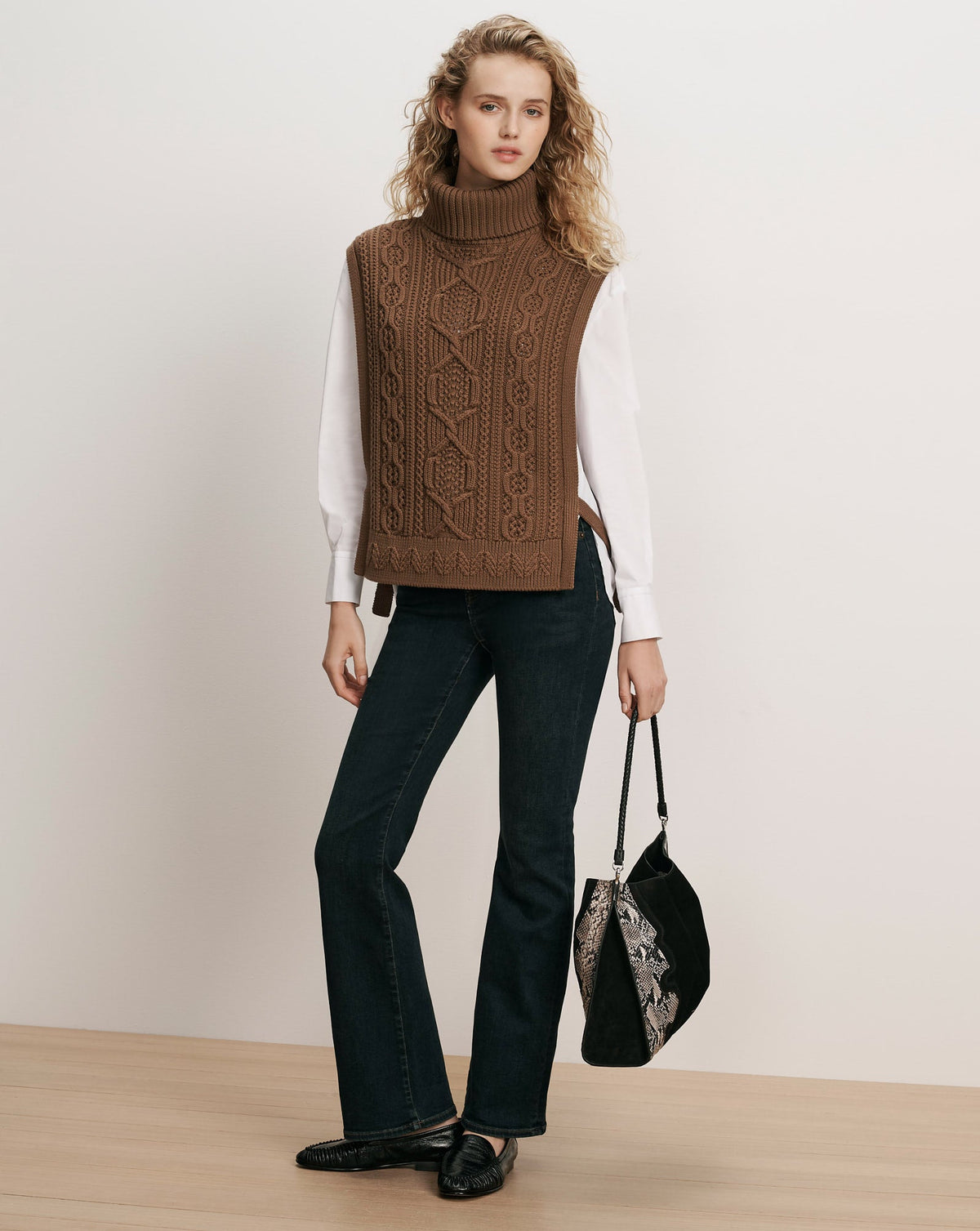 Veronica Beard | Bentleigh Merino Wool Cableknit Vest in Ochre Brown Ochre