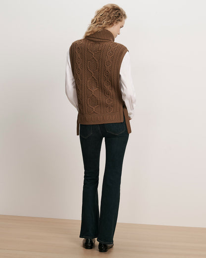 Veronica Beard | Bentleigh Merino Wool Cableknit Vest in Ochre Brown Ochre