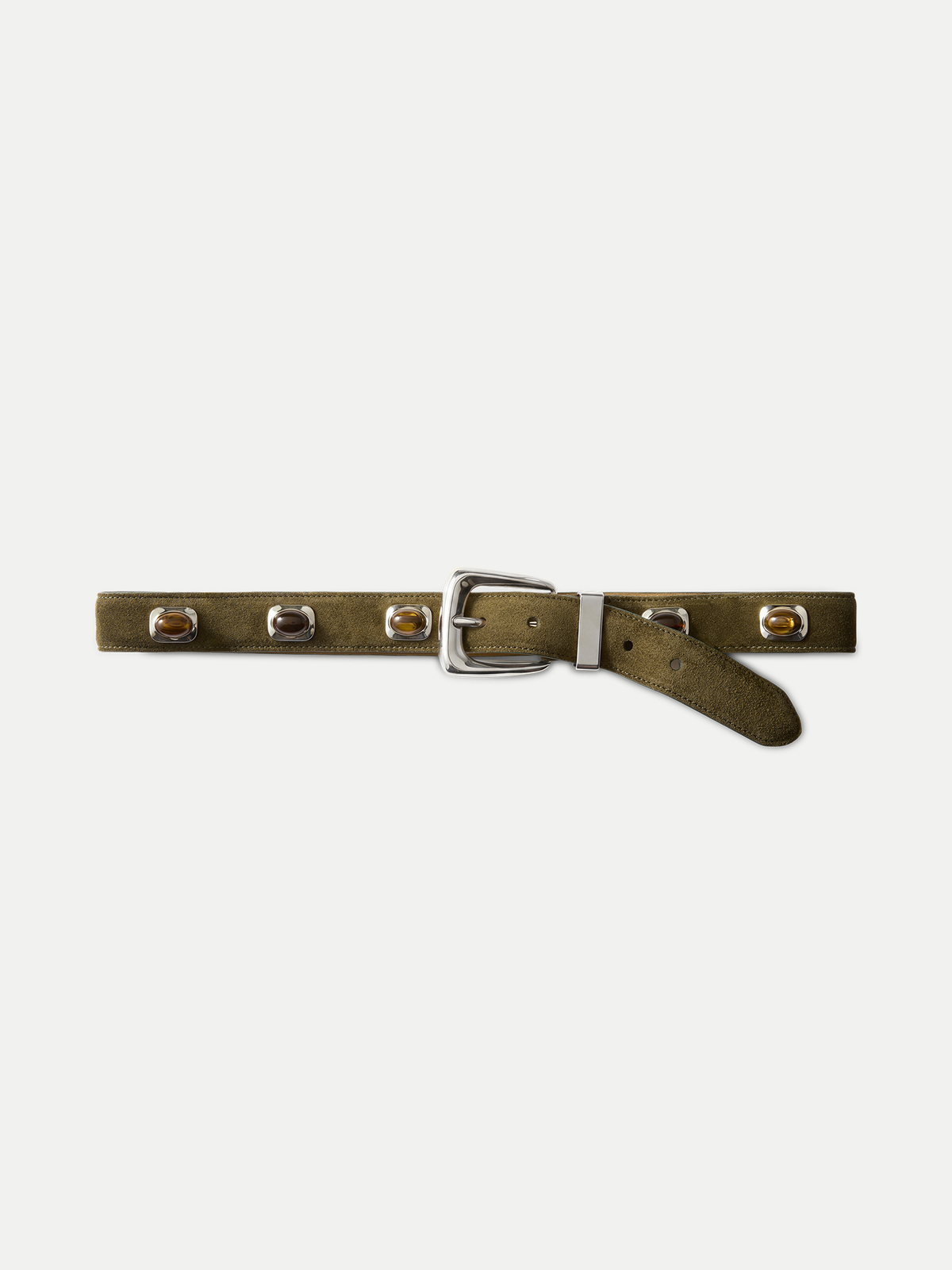 Veronica Beard | Stone Embellished Arch Belt in Green Suede Cypress/Silver