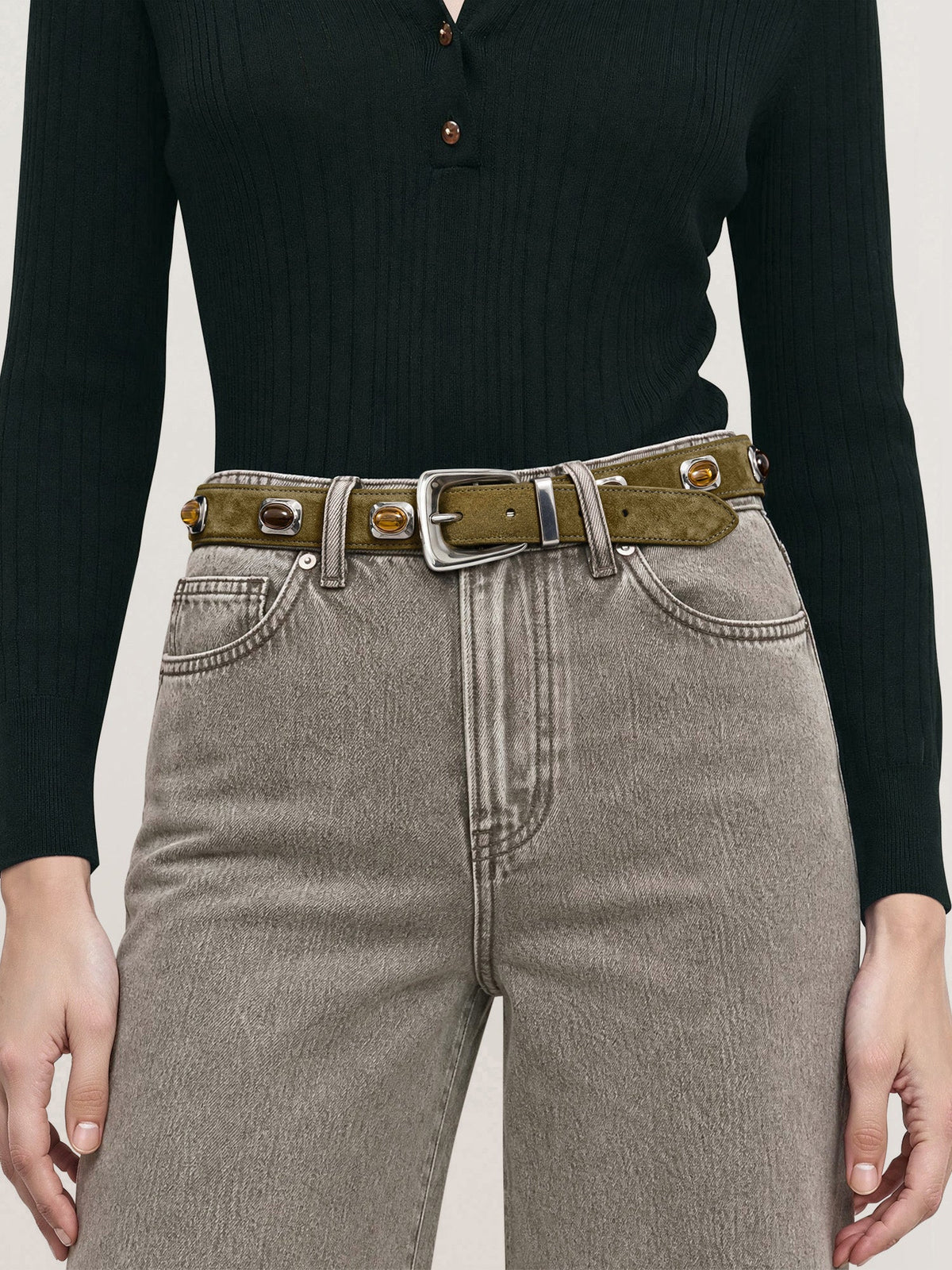 Veronica Beard | Stone Embellished Arch Belt in Green Suede Cypress/Silver
