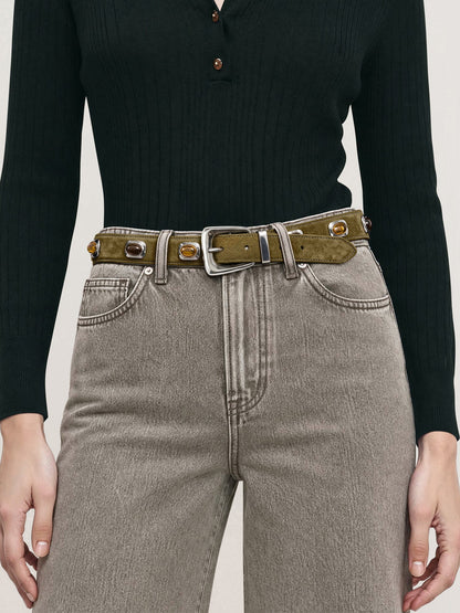 Veronica Beard | Stone Embellished Arch Belt in Green Suede Cypress/Silver