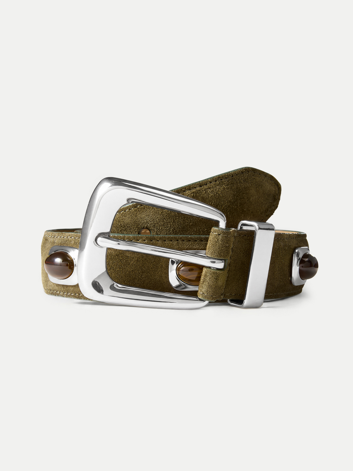 Veronica Beard | Stone Embellished Arch Belt in Green Suede Cypress/Silver