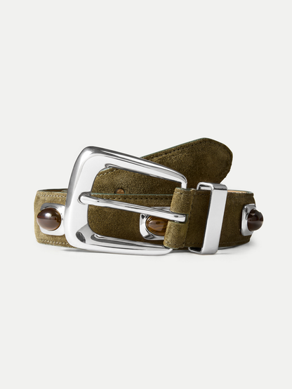 Veronica Beard | Stone Embellished Arch Belt in Green Suede Cypress/Silver