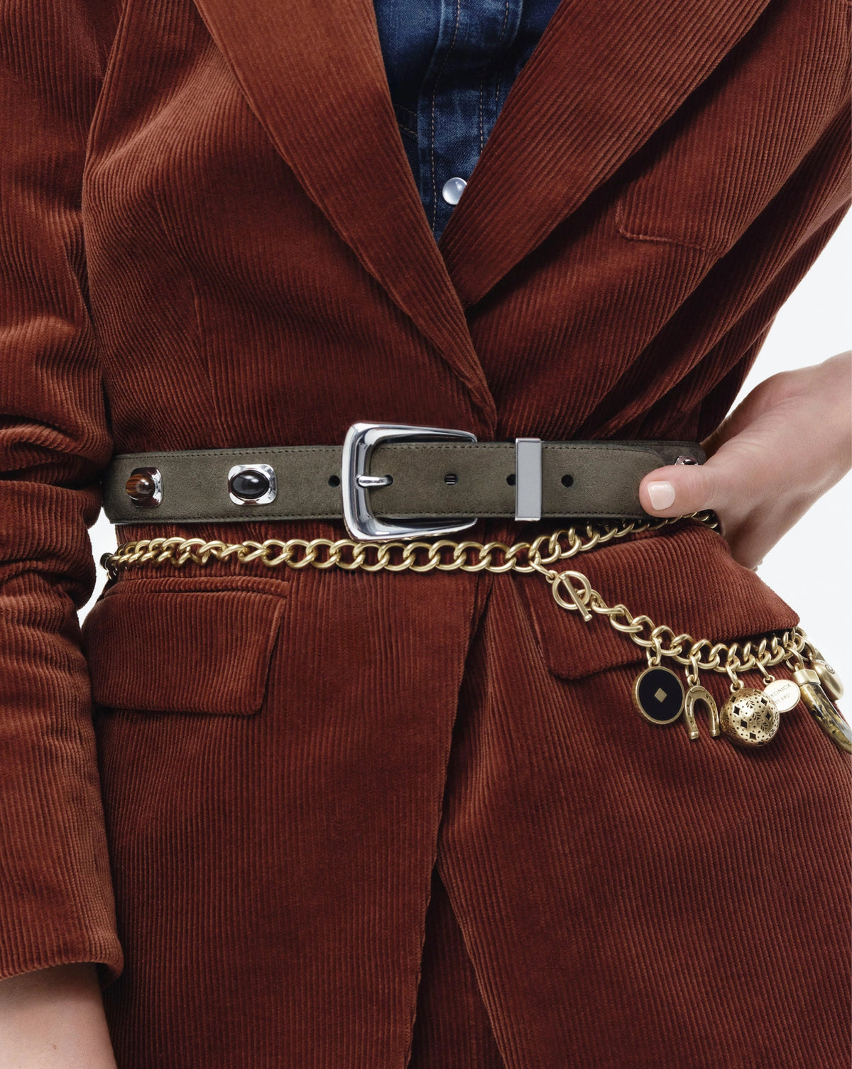 Veronica Beard | Stone Embellished Arch Belt in Green Suede Cypress/Silver