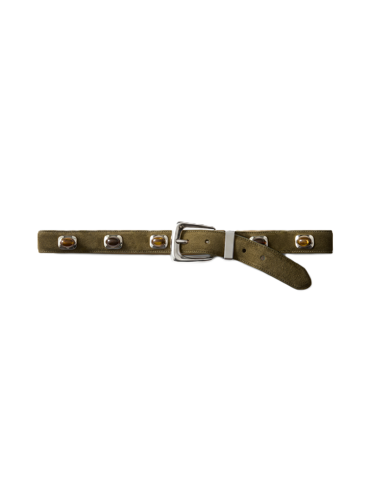 Veronica Beard | Stone Embellished Arch Belt in Green Suede Cypress/Silver