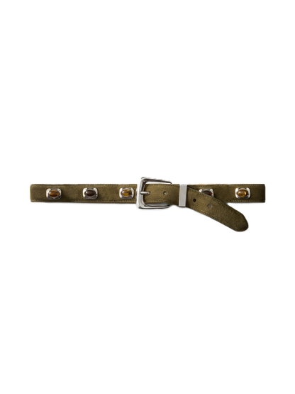 Veronica Beard | Stone Embellished Arch Belt in Green Suede Cypress/Silver