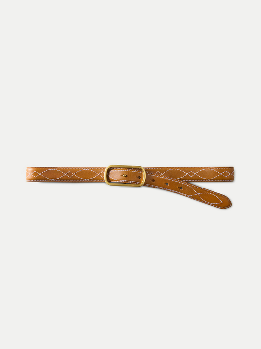 Veronica Beard | Embroidered Loop Belt in Tan Leather Hazelwood