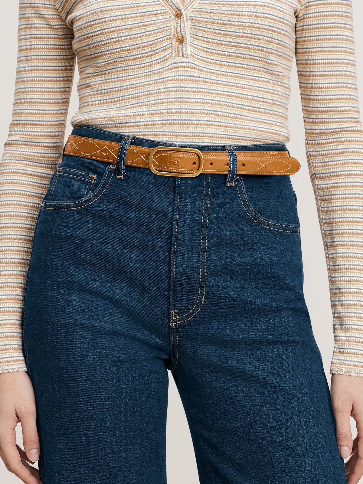 Veronica Beard | Embroidered Loop Belt in Tan Leather Hazelwood
