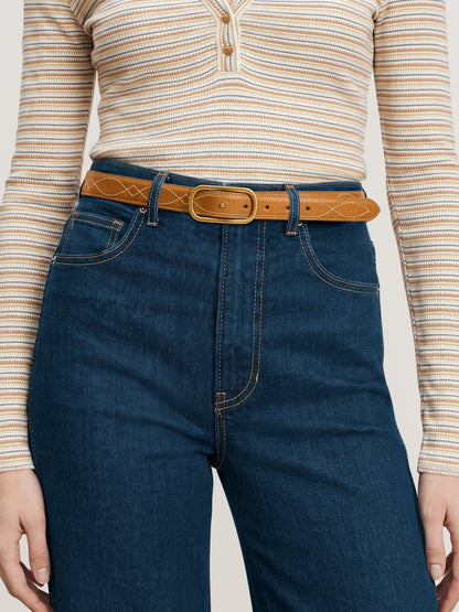 Veronica Beard | Embroidered Loop Belt in Tan Leather Hazelwood
