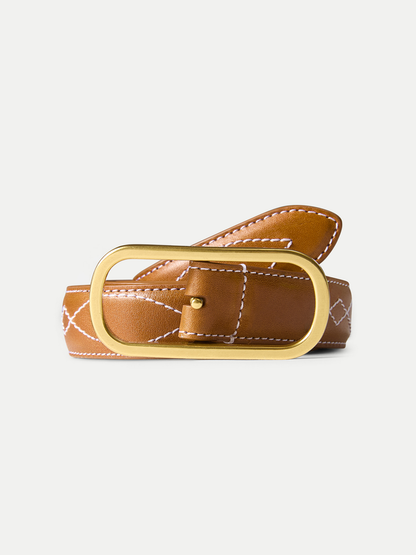Veronica Beard | Embroidered Loop Belt in Tan Leather Hazelwood