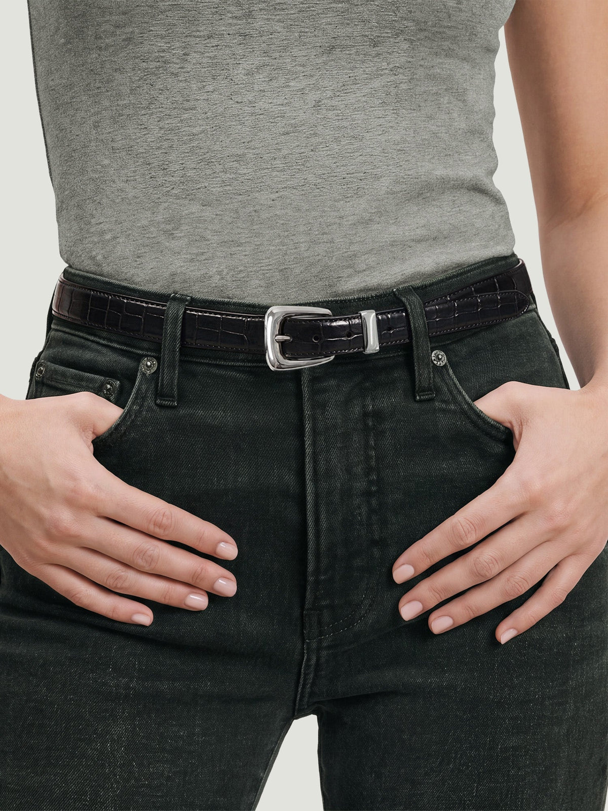 Veronica Beard | Slim Croc-Embossed Arch Belt in Black Black