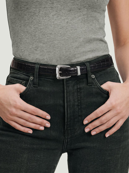 Veronica Beard | Slim Croc-Embossed Arch Belt in Black Black